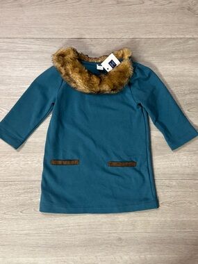 Janie and Jack Faux Fur Collar Tunic Dress Size 5 Little Girls Teal Green NWT.